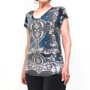 Inc International Sequin Black & Teal V-Neck Top